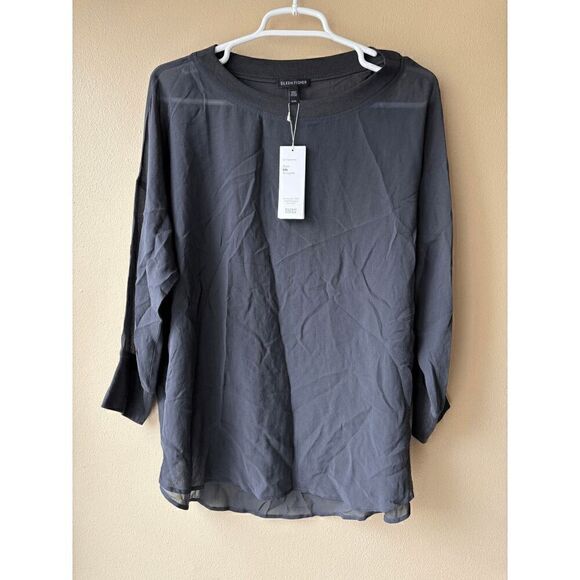 Eileen Fisher Sheer Silk Georgette Bateau Neck Top in Graphite Size Medium